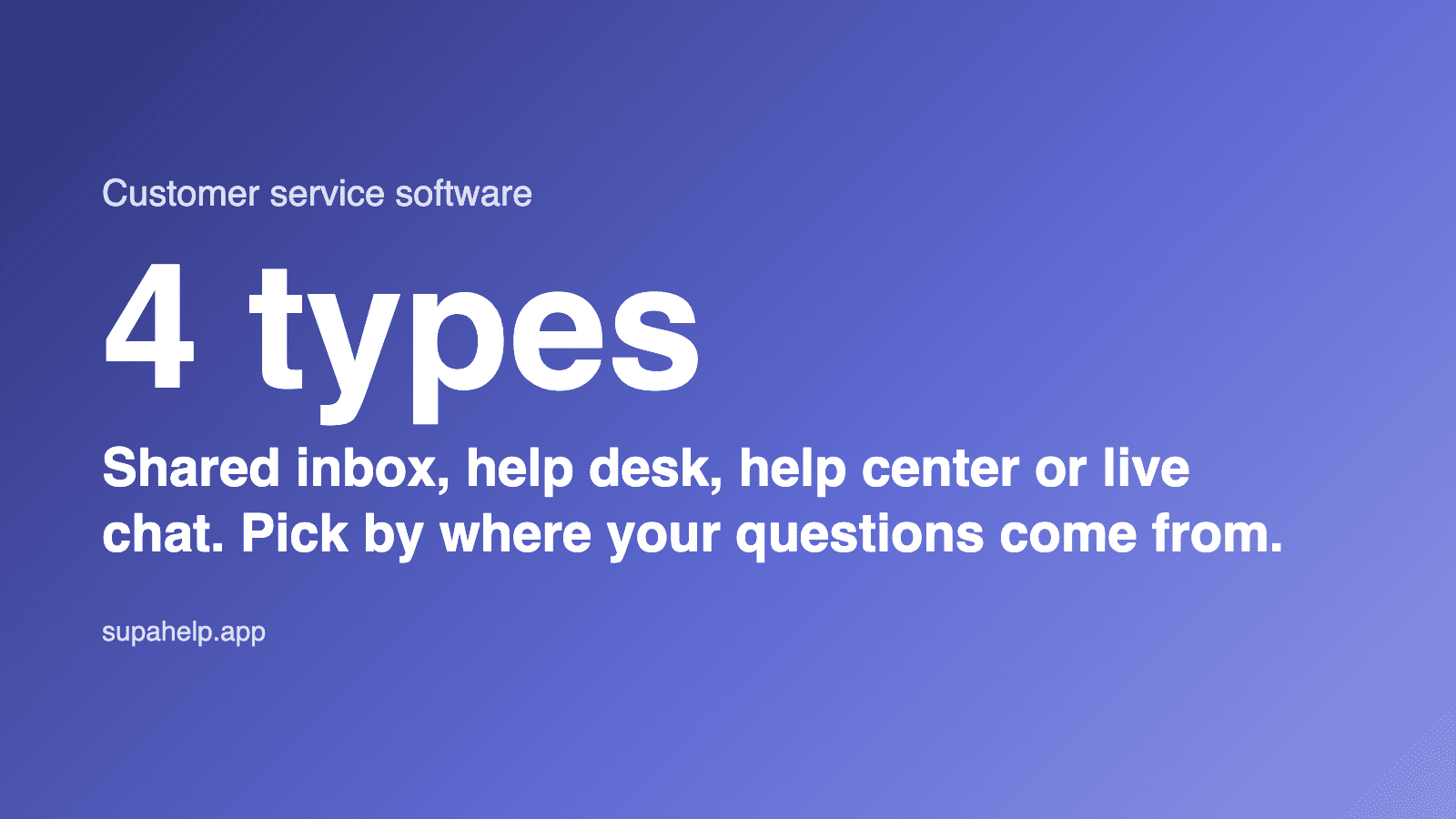 4 types Shared inbox, help desk, help center or live chat. Pick by where your questions come from. (supahelp.app)