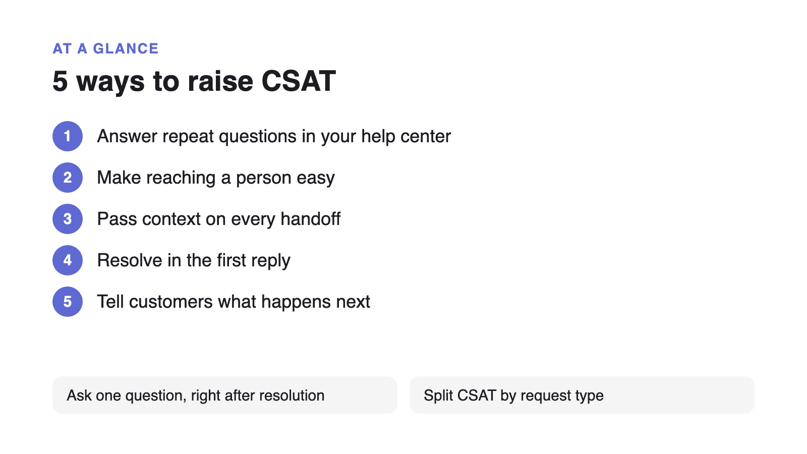 5 ways to raise CSAT: answer repeat questions in your help center; make reaching a person easy; pass context on every handoff; resolve in the first reply; tell customers what happens next. Ask one question right after resolution, and split CSAT by request type.