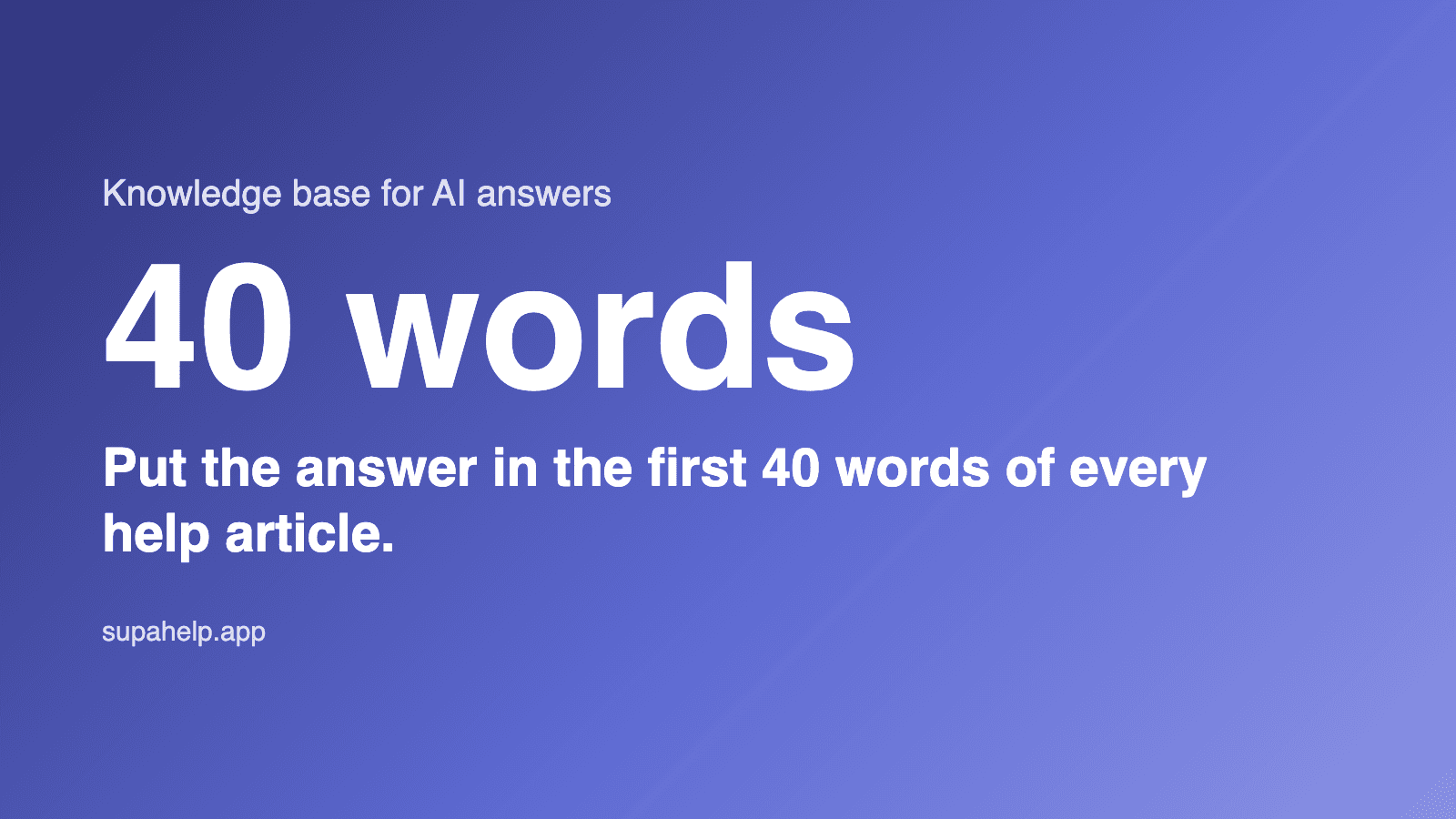 40 words Put the answer in the first 40 words of every help article. (supahelp.app)