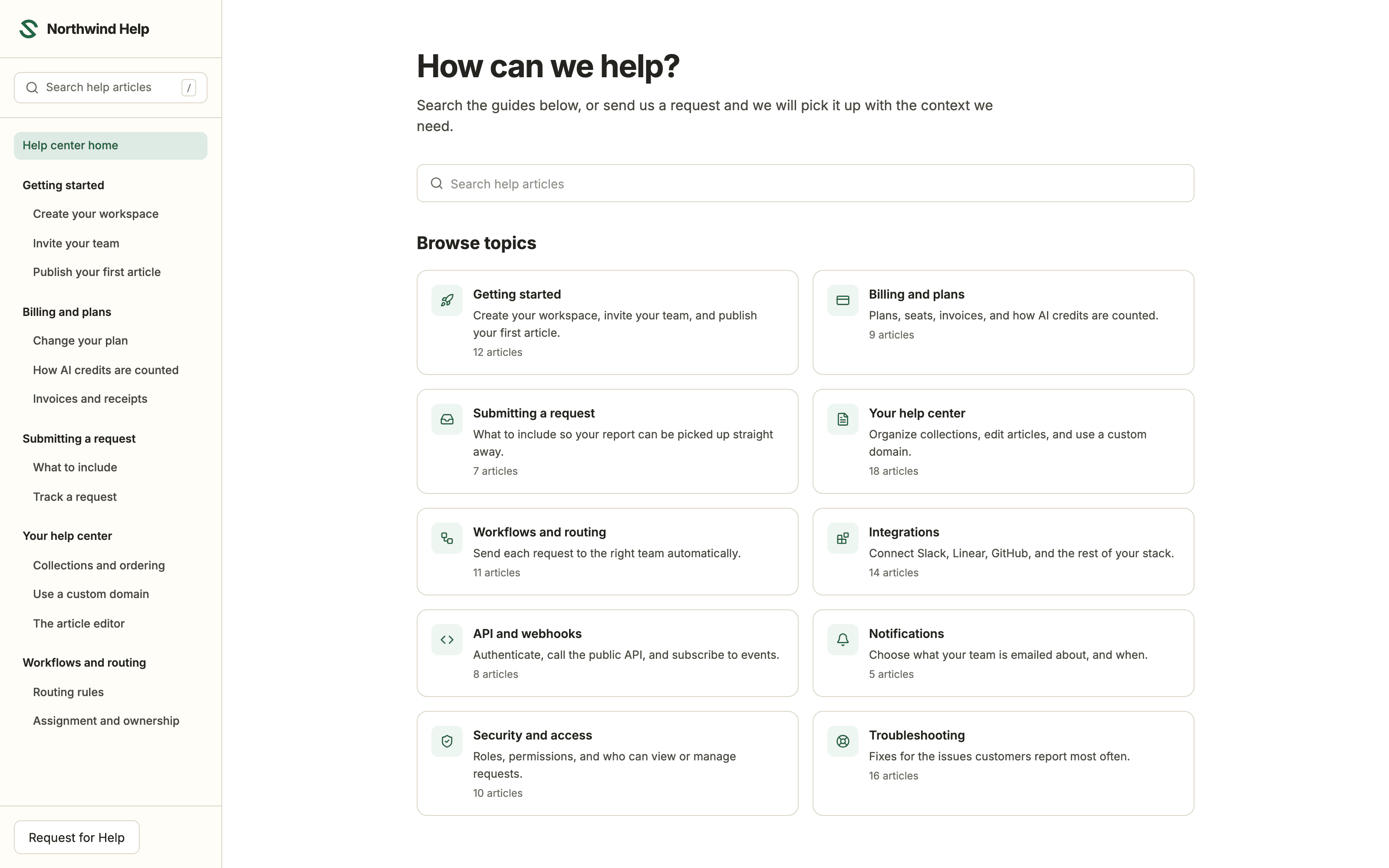 Northwind help center home with a grouped navigation rail and ten browsable topics
