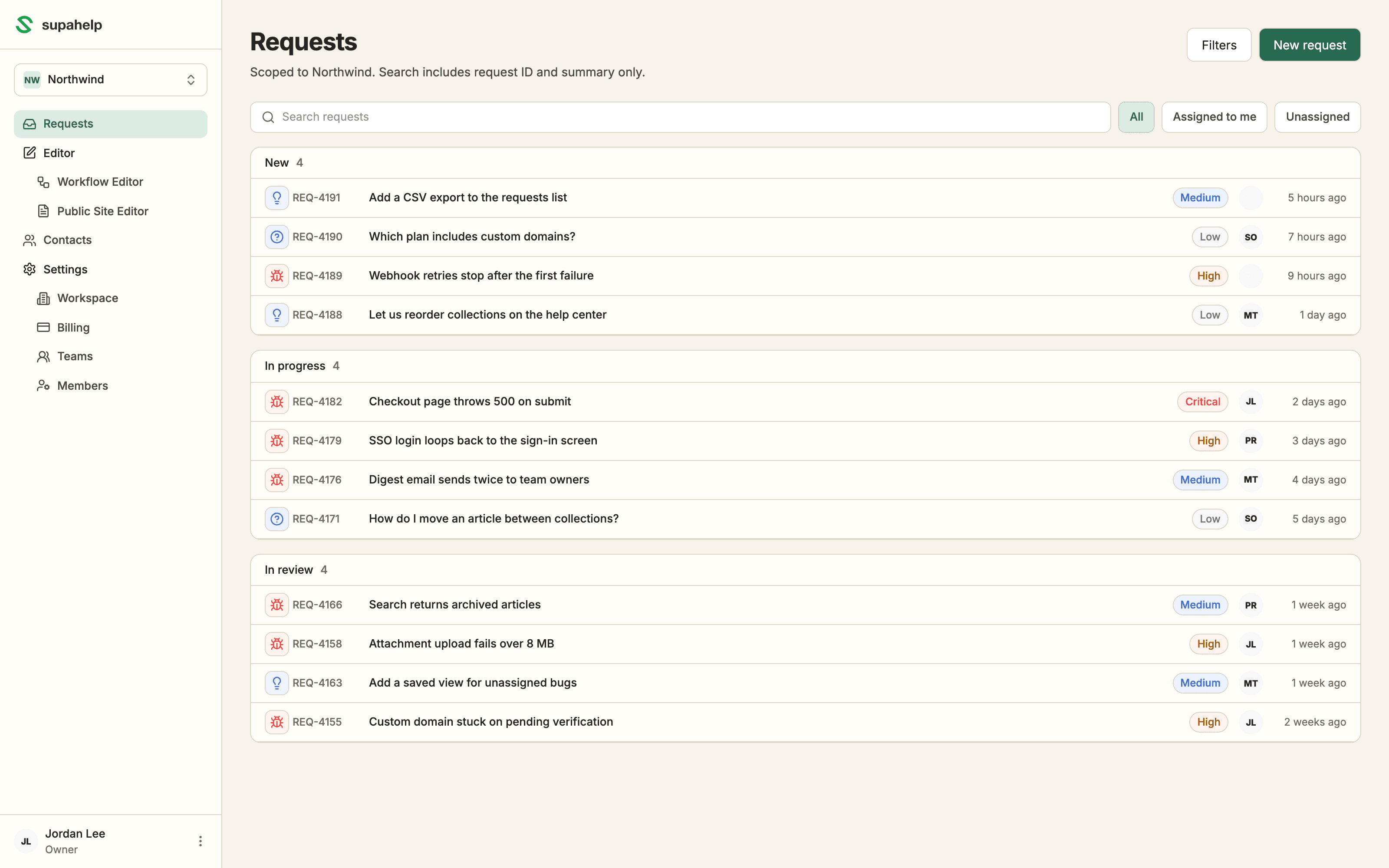 The Requests queue for Northwind, grouped into New, In progress, and In review, each row showing a request ID, summary, severity, and assignee