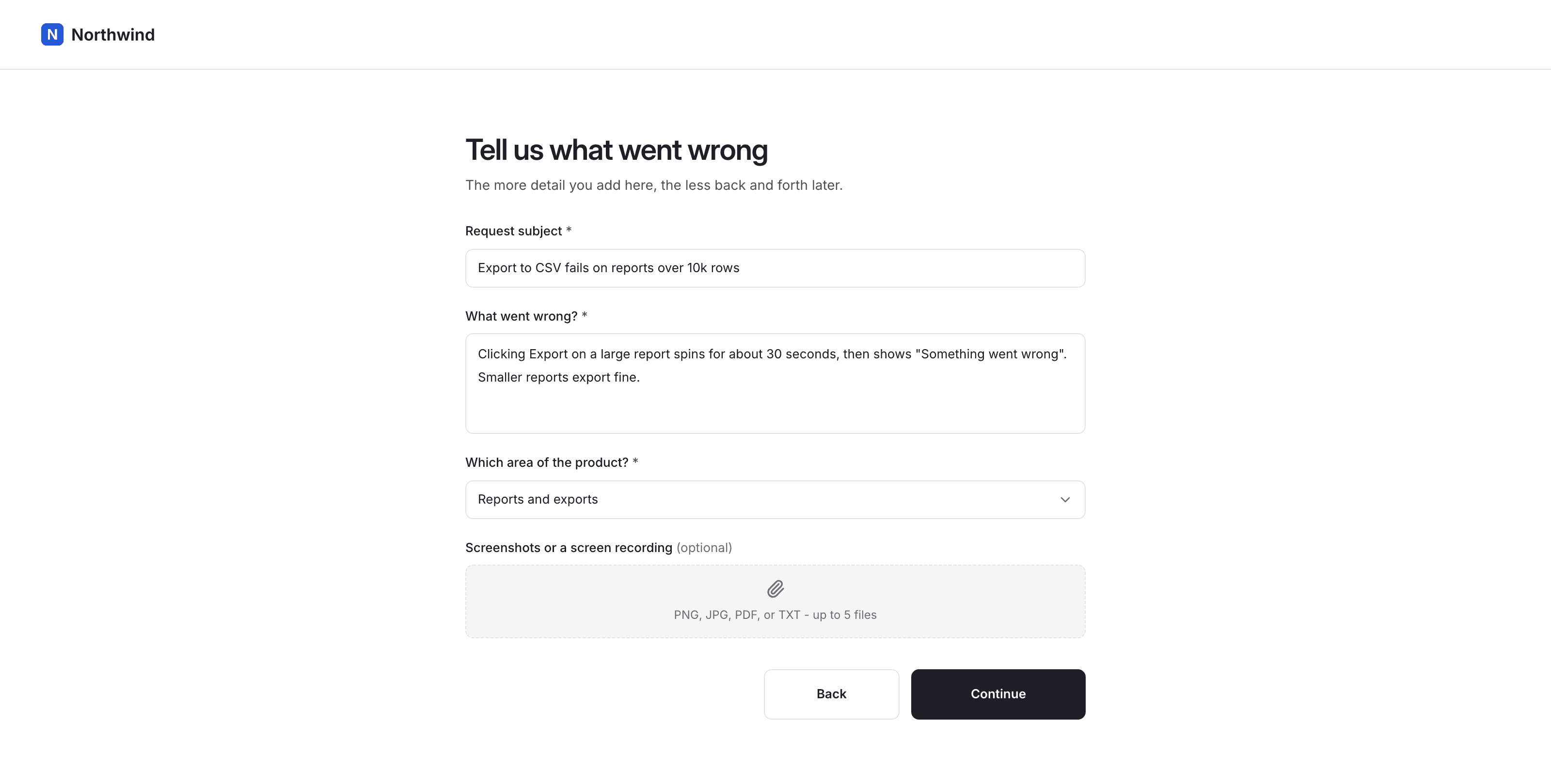 The Northwind Help request form on the bug report path: a subject, what went wrong, product area, and an attachment field, with a step 2 of 3 progress bar